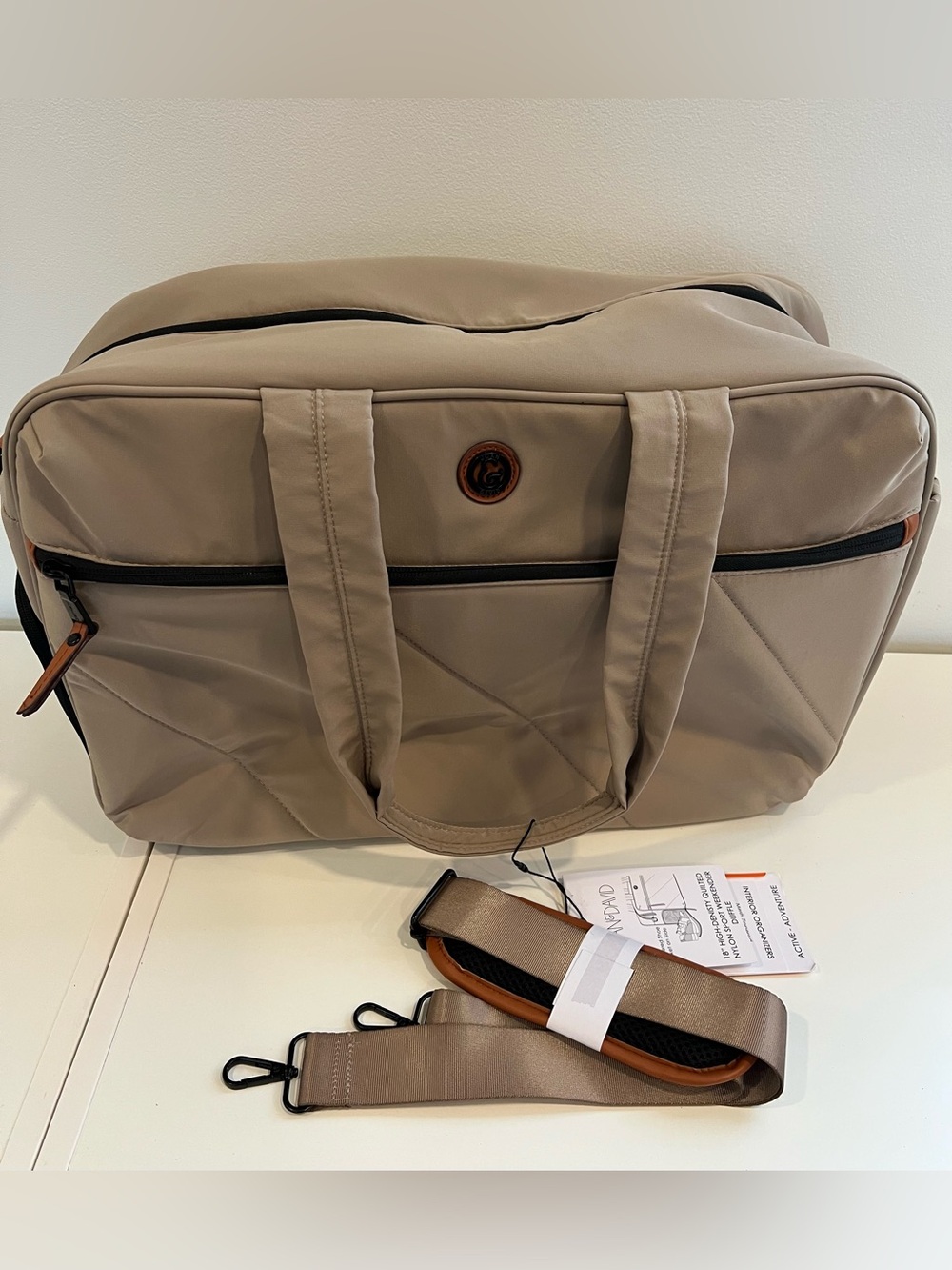 NWT Joan & David 18” Quilted Carryon Duffle Bag Shoulder Strap Camel Taupe NEW